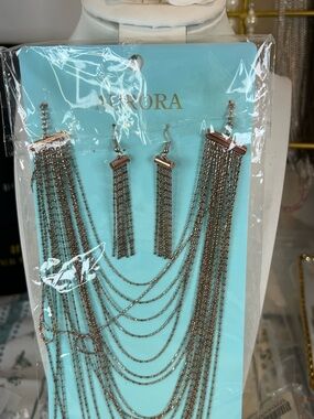 Rose Gold Multi-Strand Chain Necklace & Tassel Earrings Set - Rose Gold
